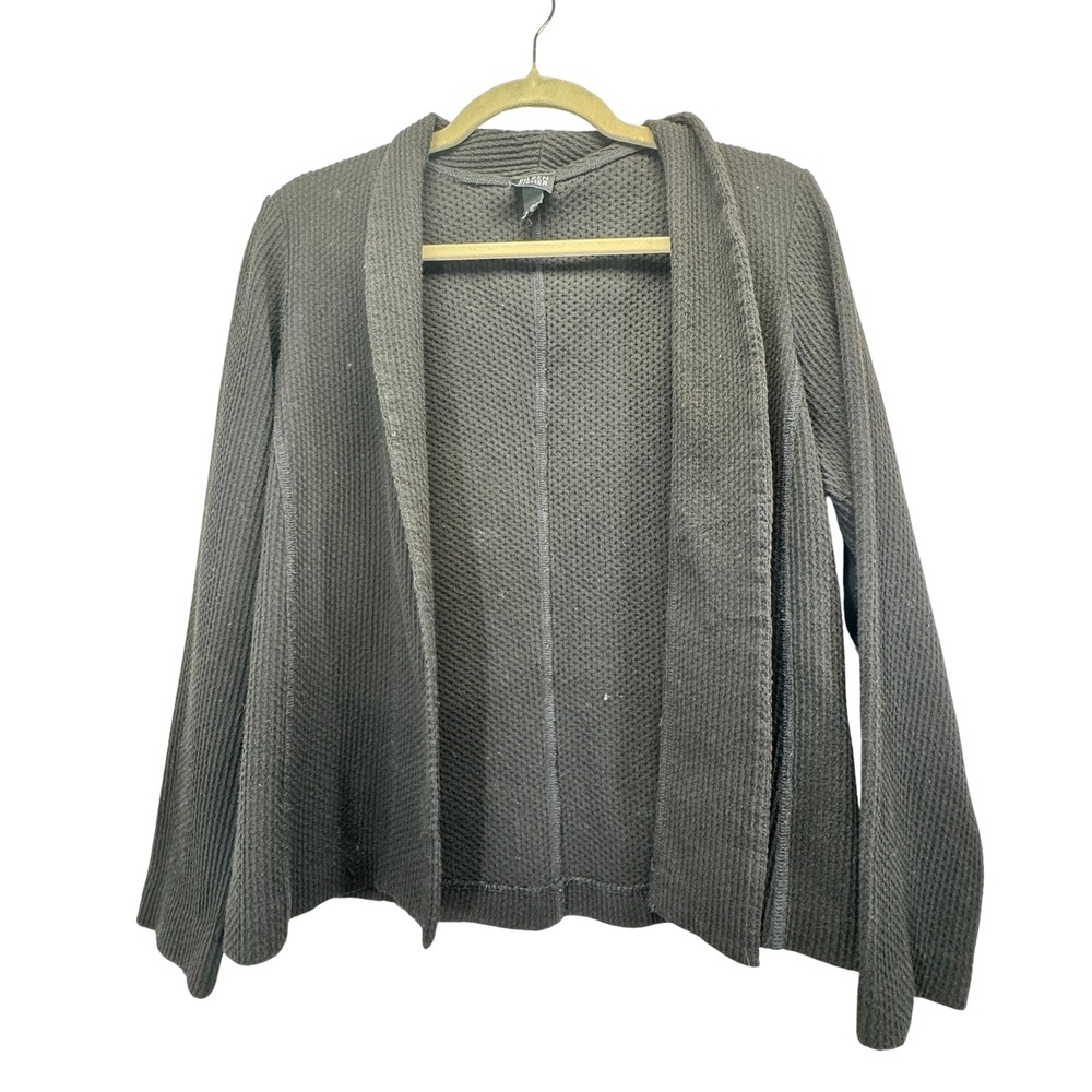 Eileen Fisher Cardigan Womens Small Black Waffle Knit Stretch Minimalist Luxe